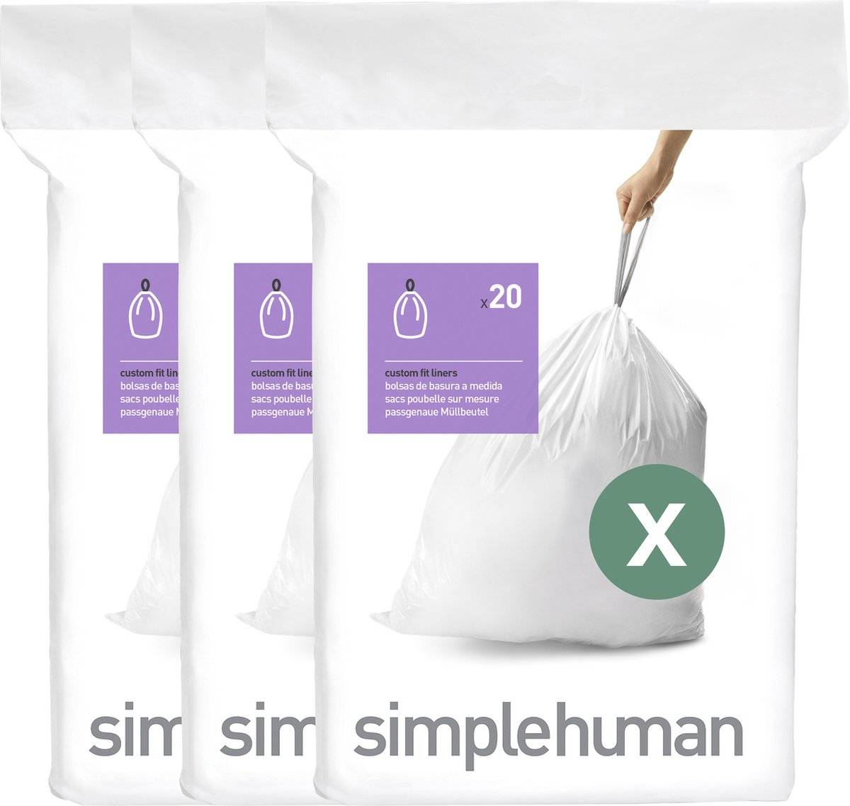 Simplehuman code x afvalzakken - 80 liter - 60 stuks - met trekband - wit 08388100177160838810017716-0