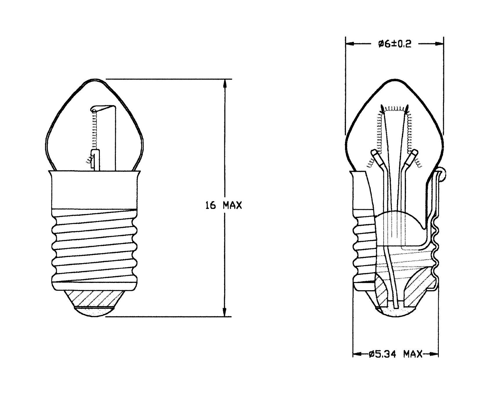 Gloeilampdiagram toont links de dimensie '16 MAX' en rechts een detailweergave met afmetingen '⌀6±0,2' en '⌀5,34 MAX'.