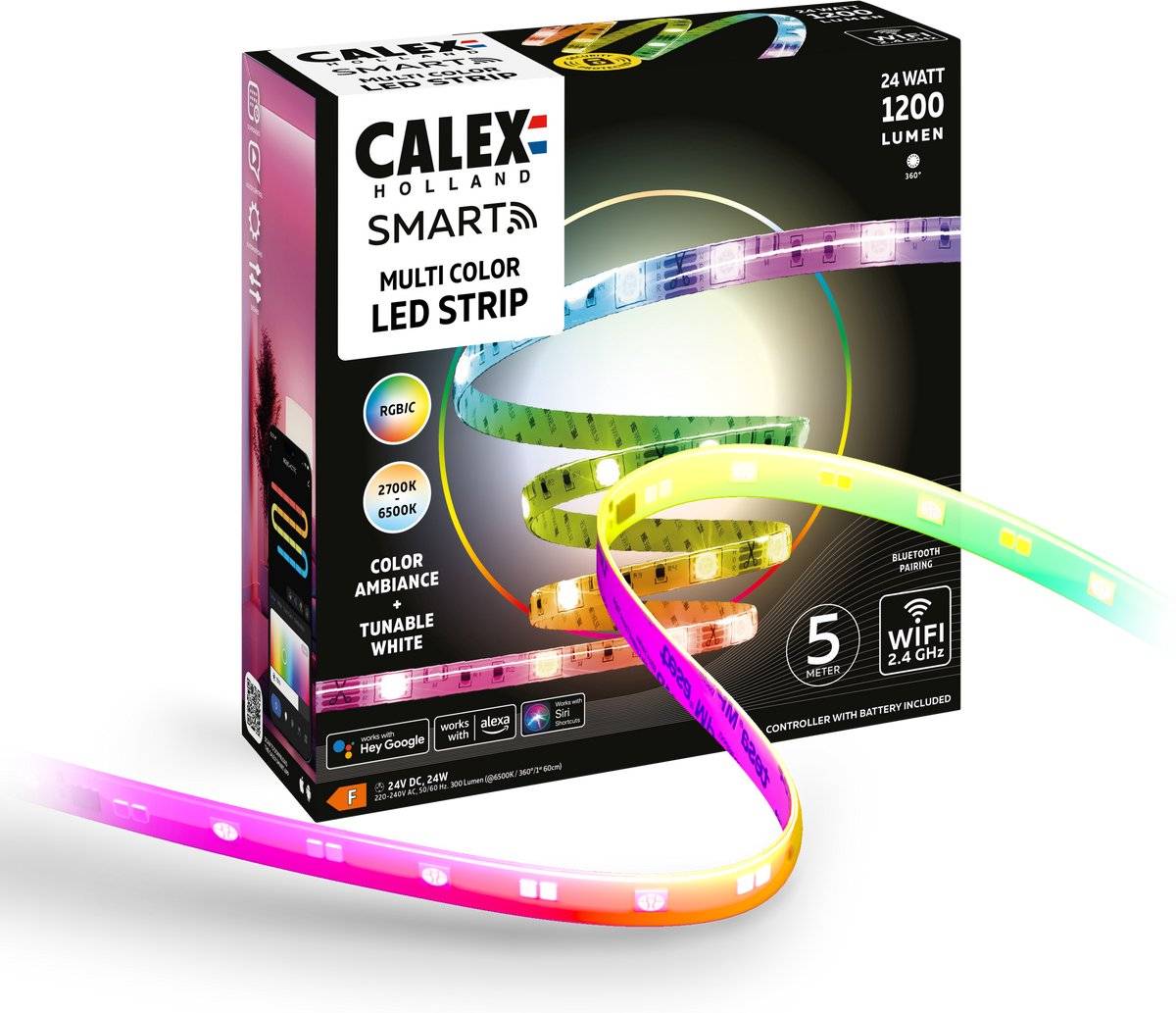 Calex smart led strip - 5m, slimme lichtstrip, rgbic+cct, app bedienbaar, binnengebruik, 24w-0
