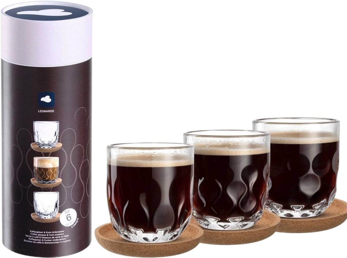 Leonardo gocce koffieglas 220ml - set van 3 glazen - met onderzetters 40025415519174002541551917-0