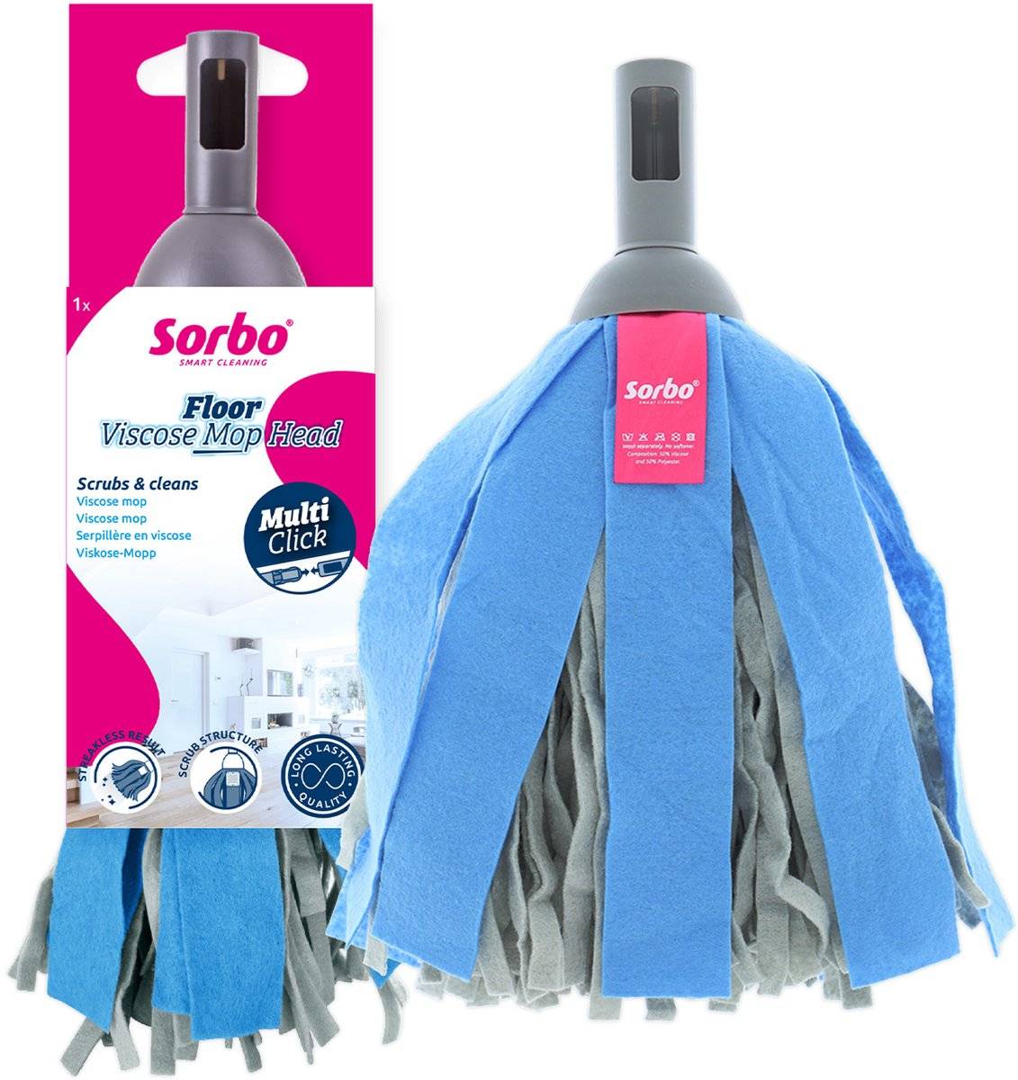 Sorbo floor viscose mop head - viscose dweilkop met scrubvlak - pluisvrij - multi-click lijn-0