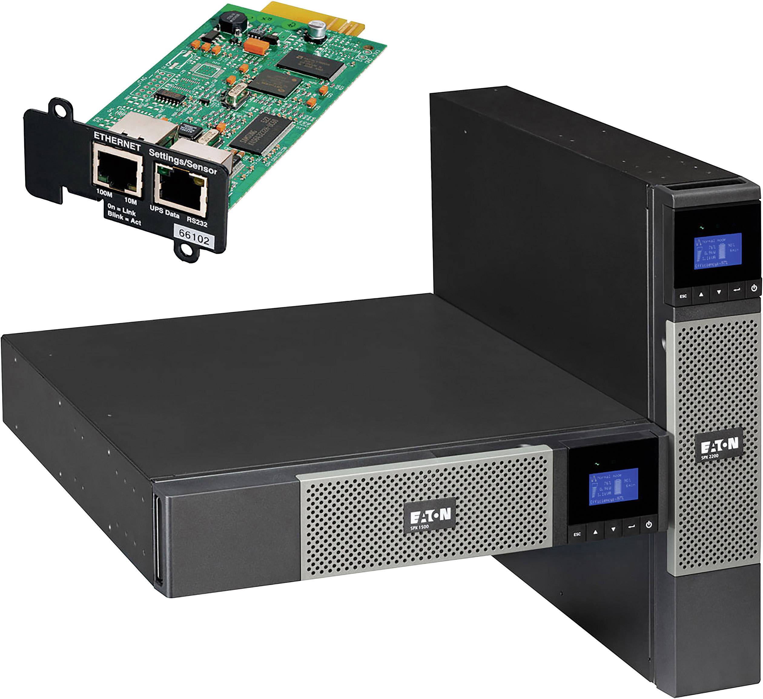 Een UPS-apparaat met twee verwisselbare voedingen en een netwerkadapter. Geschikt voor stroomvoorziening en bewaking van servers.
