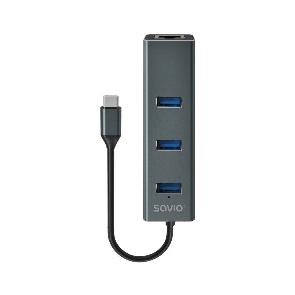 SAVIO AK-57 USB-C - 3 x USB-A HUB met RJ-45 Gigabit Ethernet Adapter 5000 Mbit/s Grijs-0