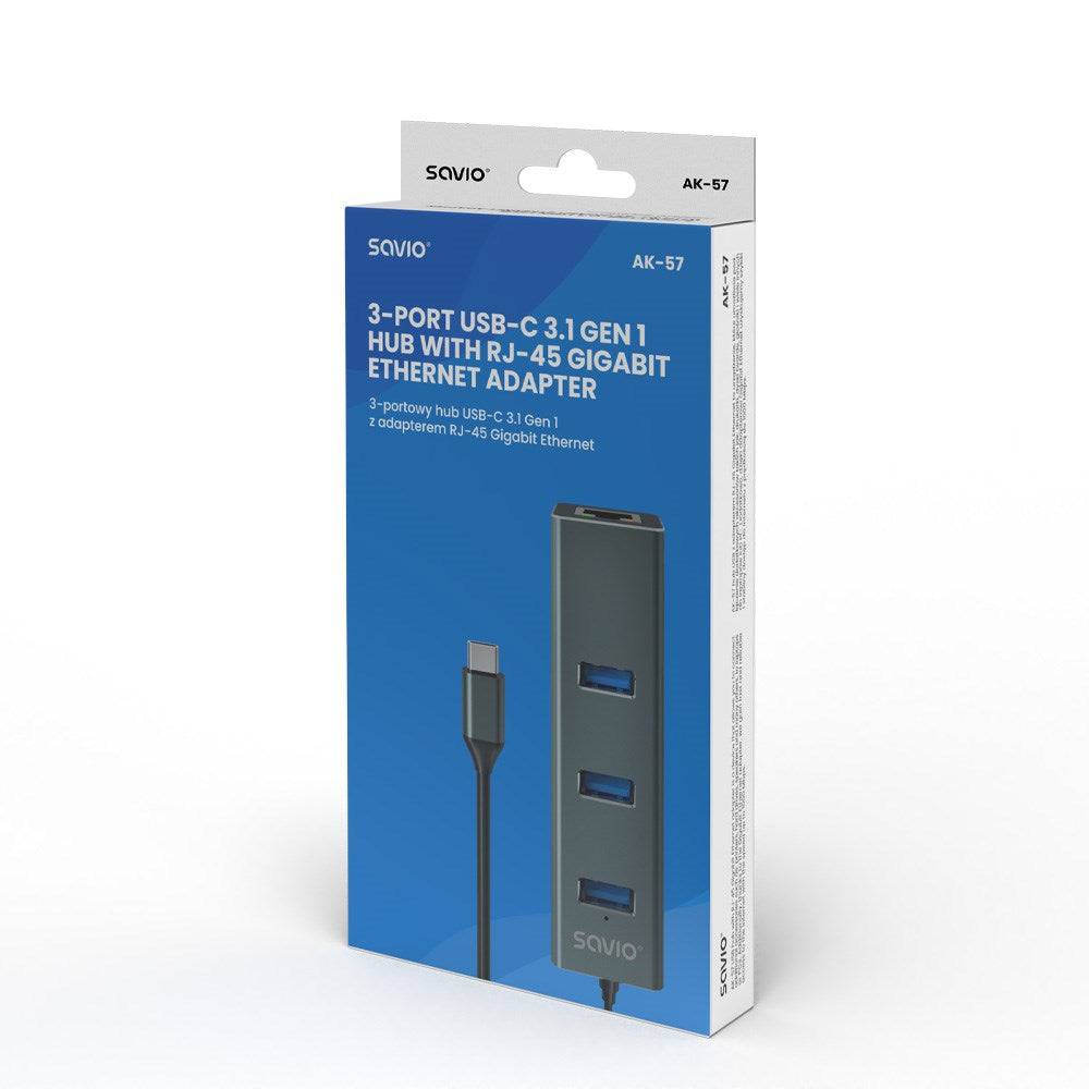 SAVIO AK-57 USB-C - 3 x USB-A HUB met RJ-45 Gigabit Ethernet Adapter 5000 Mbit/s Grijs-2