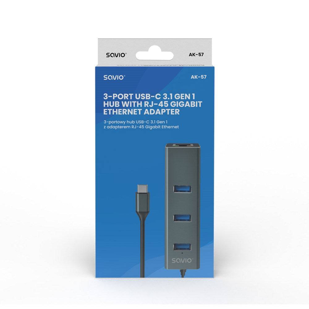 SAVIO AK-57 USB-C - 3 x USB-A HUB met RJ-45 Gigabit Ethernet Adapter 5000 Mbit/s Grijs-3