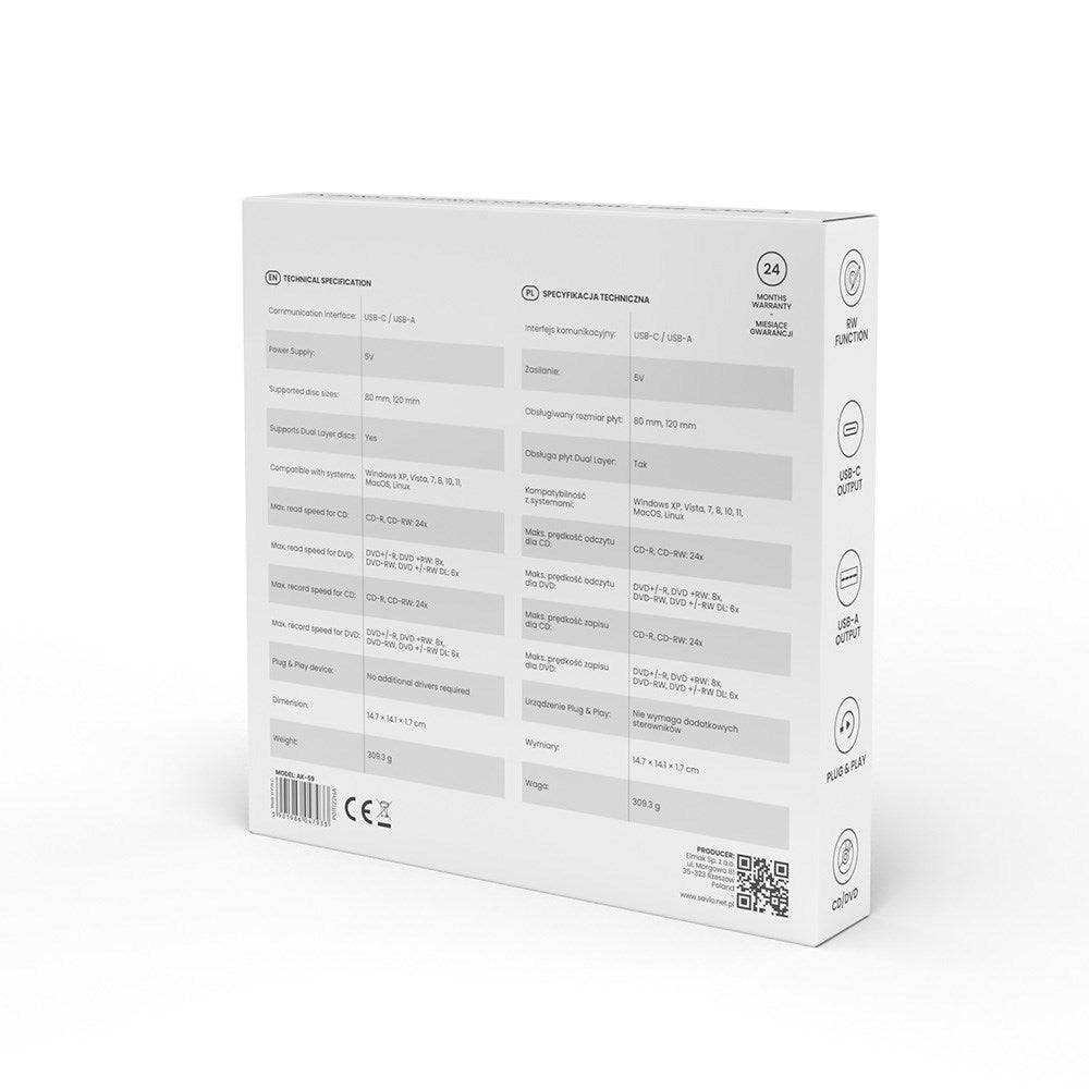 SAVIO AK-59 Externe Slimme CD/DVD Recorder R/RW - USB-C/USB-A Zwart-1