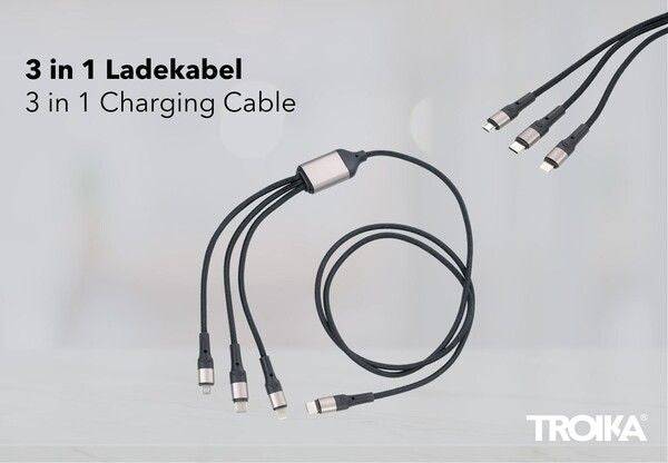 TROIKA DREIZACK PRO USB Kabel 1,2 m USB C naar USB C/Micro USB-A/Lightning 100 W Zwart, Grijs | Model 540902-0