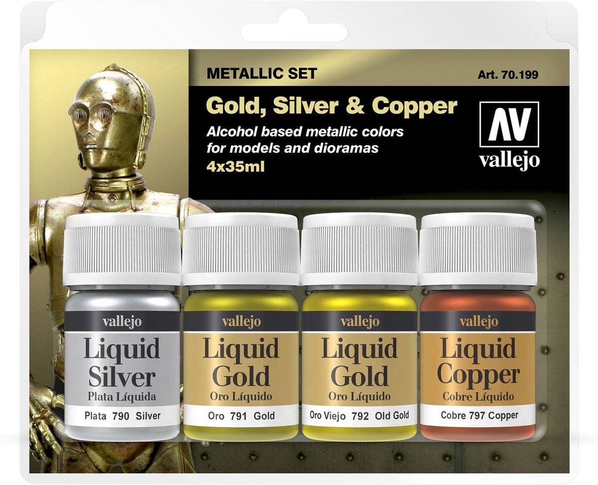 Vallejo hobbyverf - 70199 liquid color set - silver - (old) gold - copper - 4x 35ml verf set - 4 x 35 ml-0