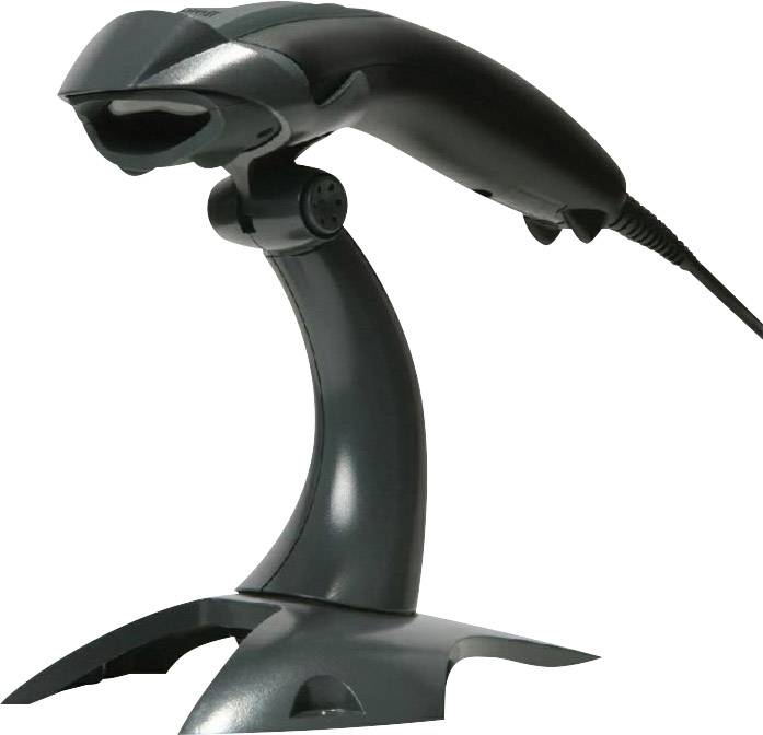 Een handscanner in zwarte kleur staat rechtop in zijn laadstation. Een kabel verbindt de scanner met het station.