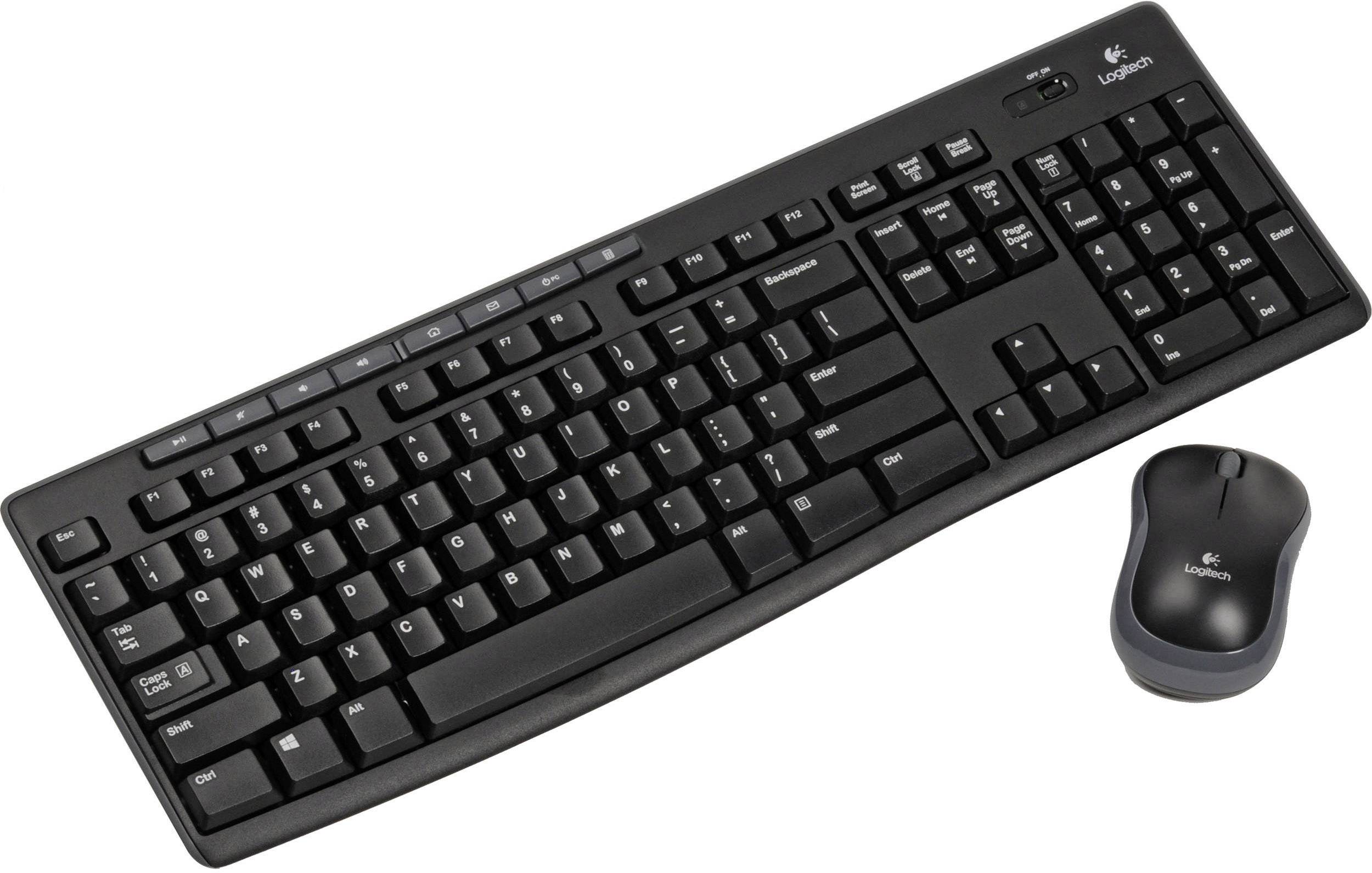 Draadloos zwart toetsenbord- en muisset van Logitech, voor computerondersteunde invoer. Ideaal voor ergonomisch werken.