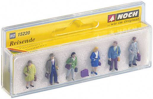 Verpakking met zes miniatuur figuurtjes 'Reizigers' van NOCH, schaal HO. Verschillende beroepen, in plastic verpakking met geel etiket.
