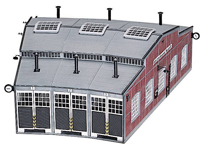 Een model van een rode locomotievenloods met vier genummerde poorten en dakramen.