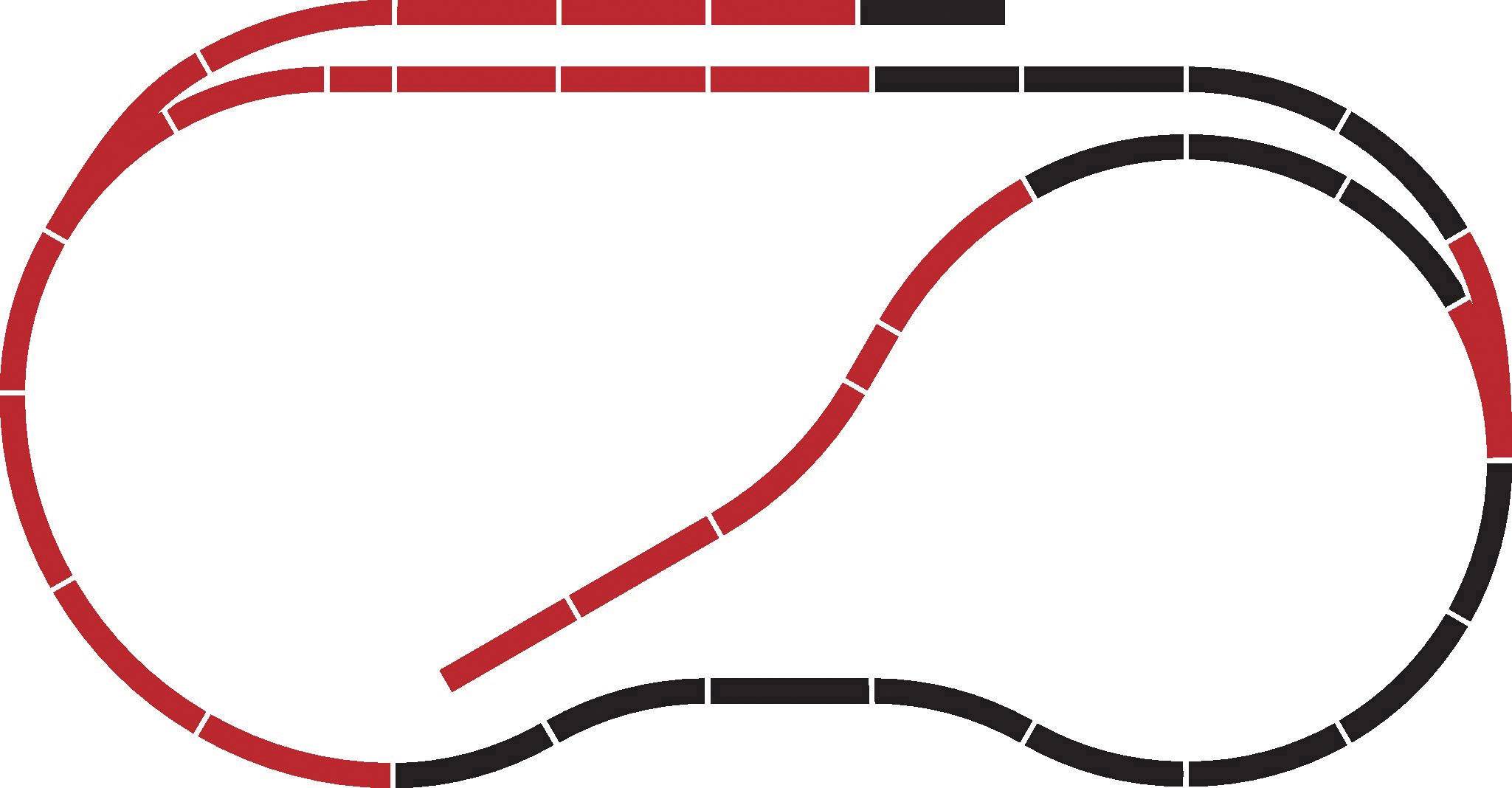 'Weergave van een tweekleurig racebaanlayout met rode en zwarte secties die in elkaar verweven zijn.'