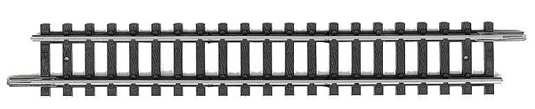 Een spoordeel van een modelspoorbaan-set. Het toont een rechte rail met metalen strips op kunststof dwarsliggers.