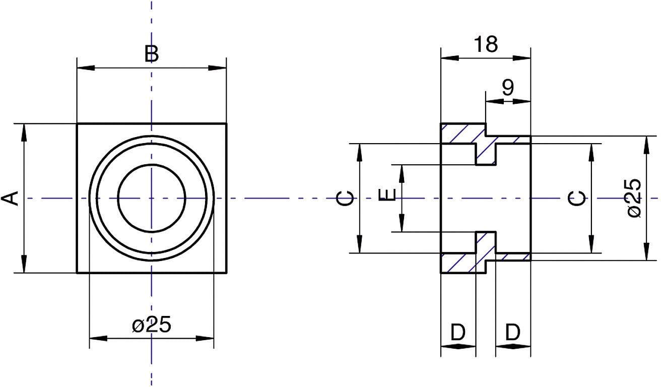 Technische tekening van een cilindrisch onderdeel, maatvoering: diameter 25 mm, lengte 18 mm, detailweergave met doorsnede.