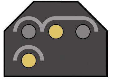 Een gestileerde, zwarte vorm met drie grijze en twee gele cirkels, verbonden door grijze lijnen, op een zwarte achtergrond.