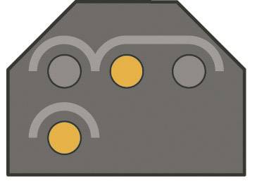 Een grijze, vijfhoekige stekker met drie gaten, waarvan twee oranje zijn.