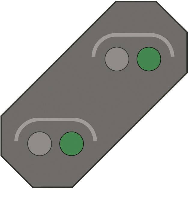 Grijs, achthoekig schild met twee groene en twee grijze stippen; symboliseert verkeersbord of controleteken.