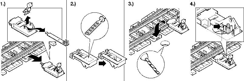 Illustratie van de installatie van een railonderdeel: Stappen 1-4 tonen de bevestiging, uitlijning en vergrendeling van een component op de rail.