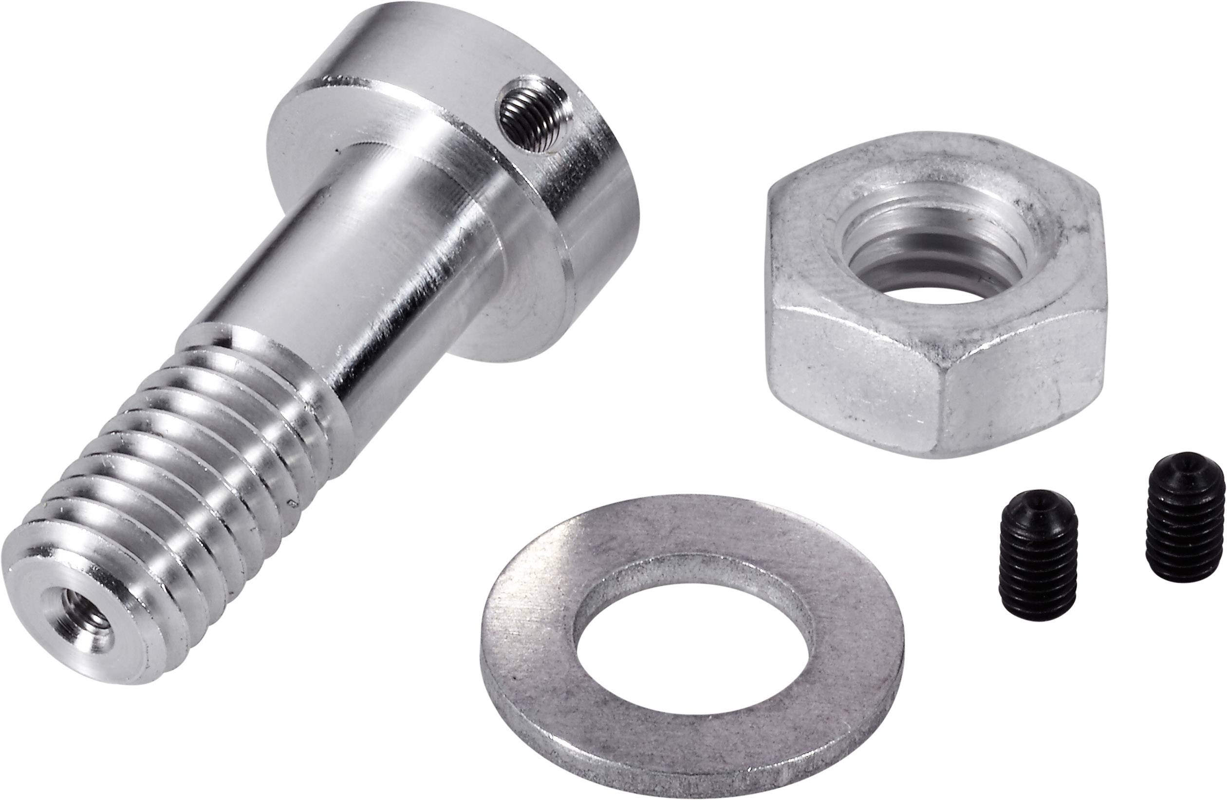 Metalen bout, zeskantmoer, sluitring en twee kleine schroeven op een witte achtergrond.