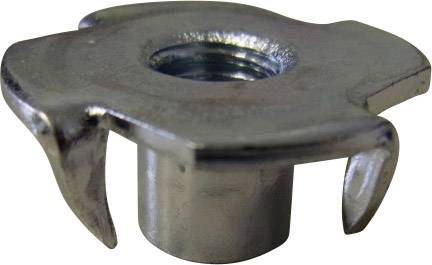 Een verzinkte inslagmoer met vier tanden en een binnendraad in het midden, typisch gebruikt voor houtverbindingen.