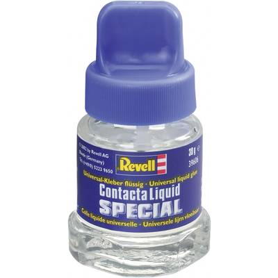 De afbeelding toont een fles Revell Contacta Liquid Special, een vloeibare universele lijm met een blauwe dop en etiket.