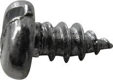 Kleine, zilveren metalen schroef met een platte kop en schroefdraad, liggend op een witte achtergrond.