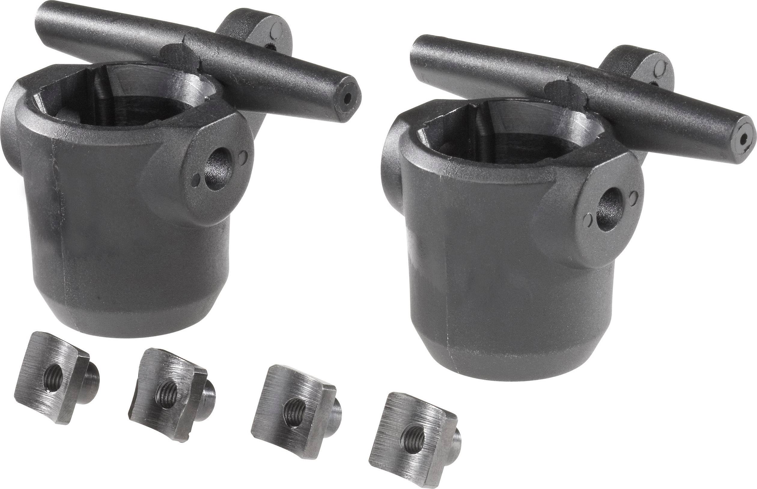 Twee zwarte metalen bevestigingsonderdelen met hendels en vier kleine schroefverbindingen eronder, vermoedelijk reserveonderdelen of toebehoren.