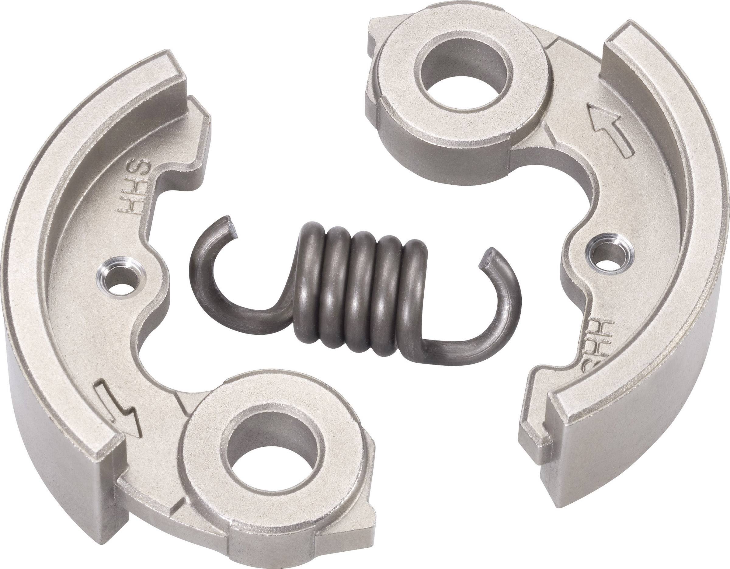 Twee metalen kaken en een spiraalveer die samen een centrifugale koppeling vormen. Ze zijn afzonderlijk weergegeven.