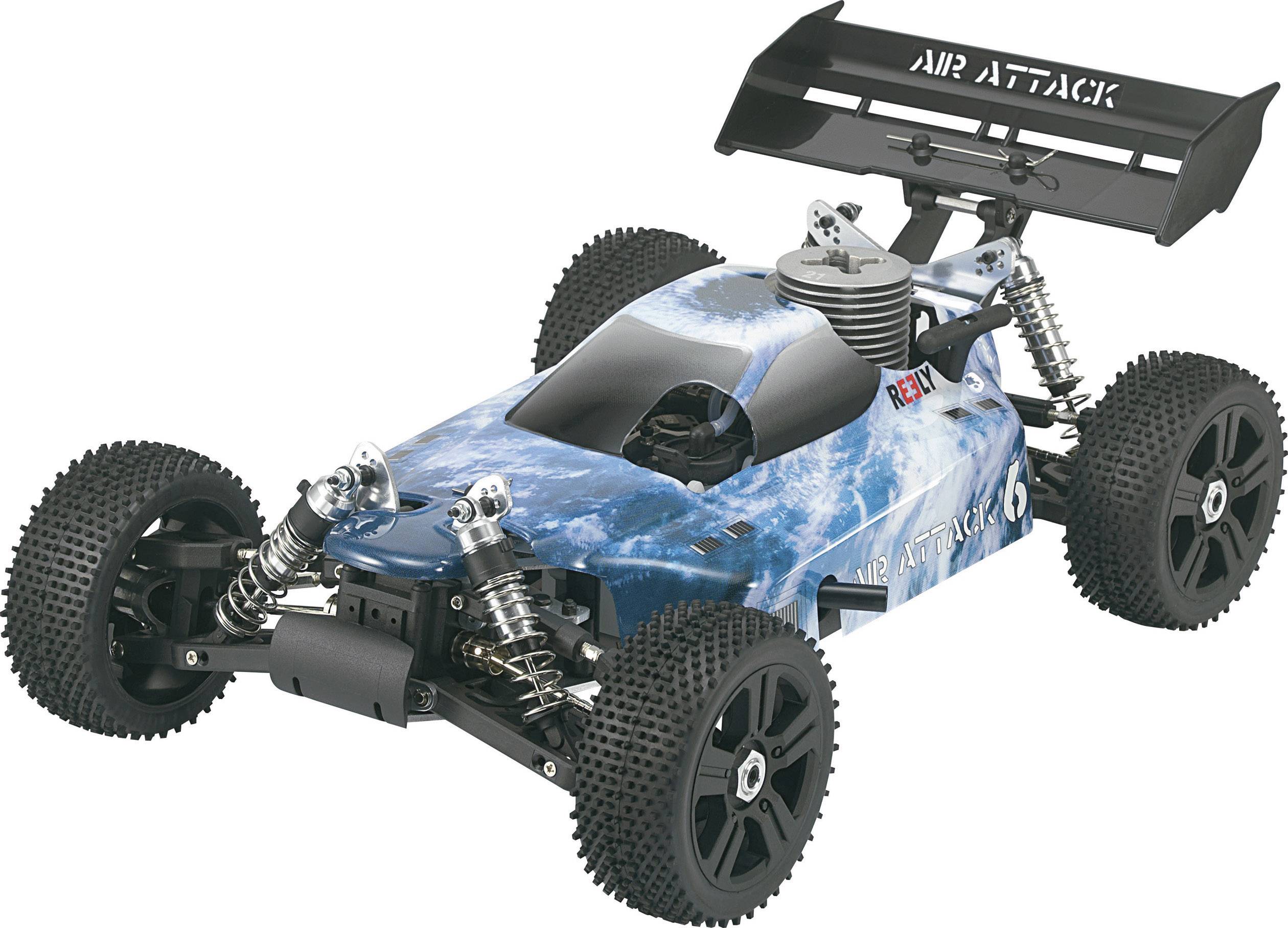 Een afstandsbediende auto in blauwe kleur met het opschrift 'Air Attack', gedetailleerde onderstel en spoiler zichtbaar, op een neutrale achtergrond.