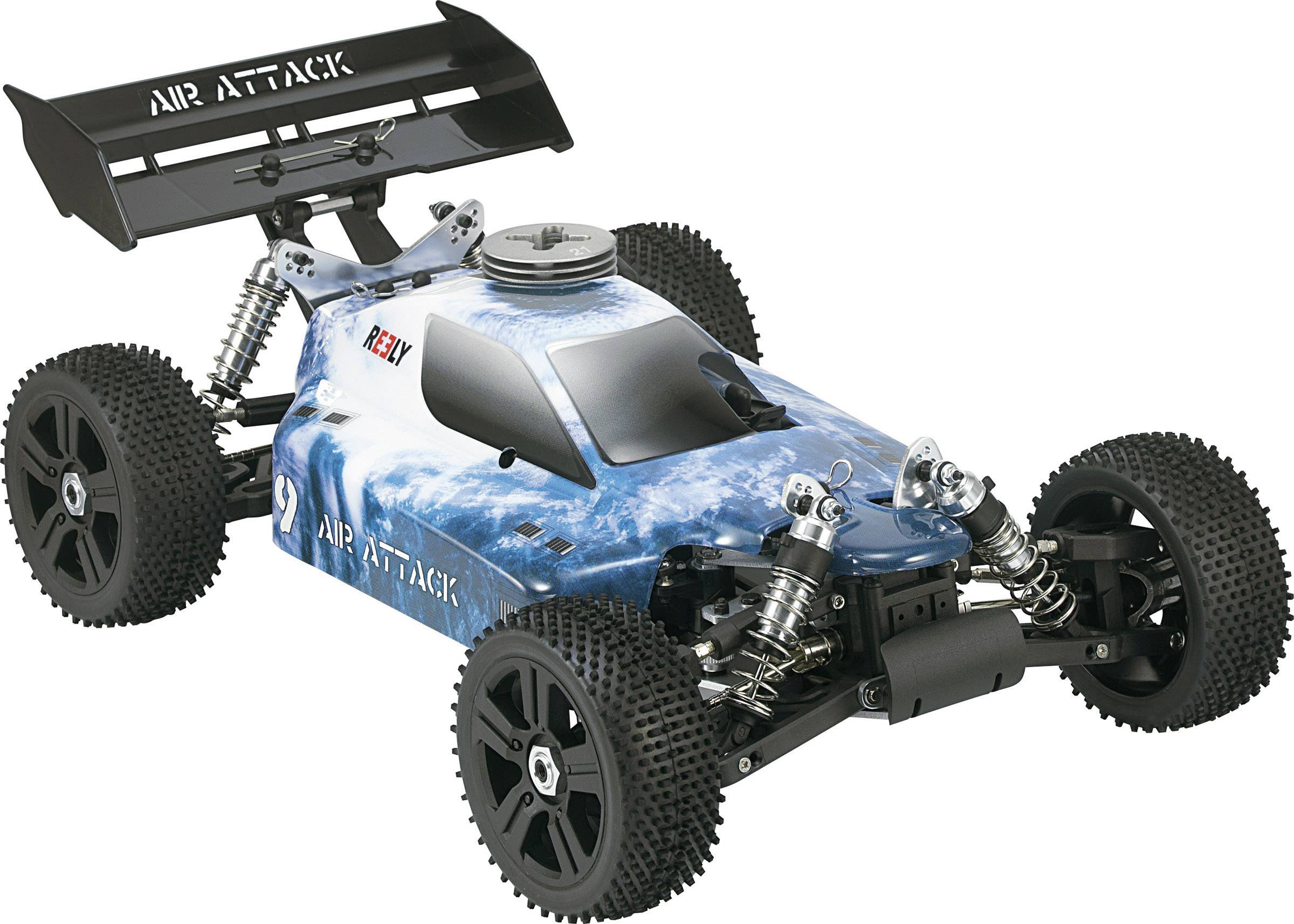 Een afstandsbediend racewagen met een blauw, wolkachtig design staat op een witte achtergrond, gefotografeerd van voren links.
