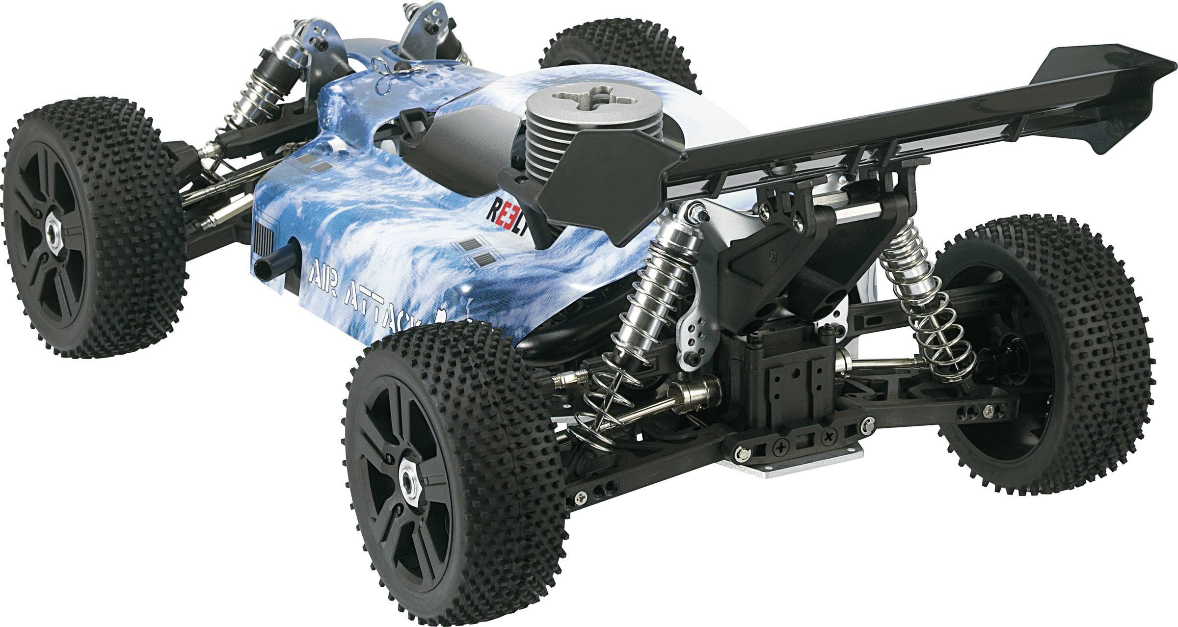 Modelauto op schaal 1:10 met blauwe carrosserie, grote banden en achterspoiler, op een witte achtergrond.