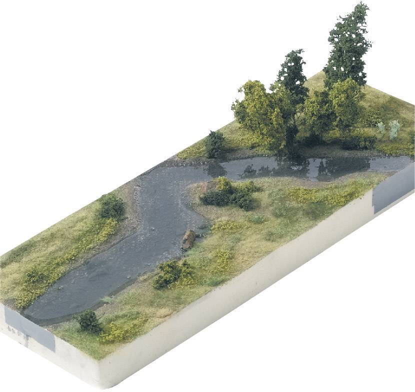 Miniatuurmodel van een rivierenlandschap met bomen, grasvelden en een kronkelende rivier.