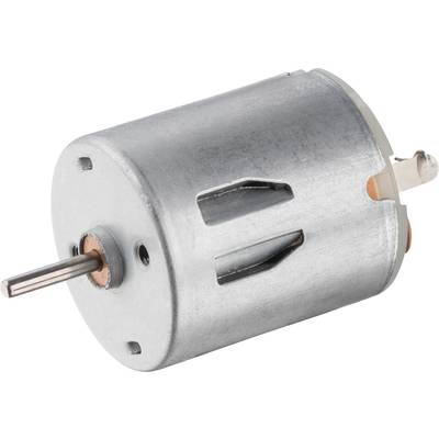 Een kleine gelijkstroommotor met een metalen behuizing en een as.