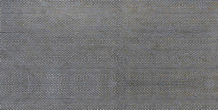 Een gedetailleerd patroon in zwart en wit dat golvende lijnen vormt. Het doet denken aan golfachtige bewegingen of optische illusies.