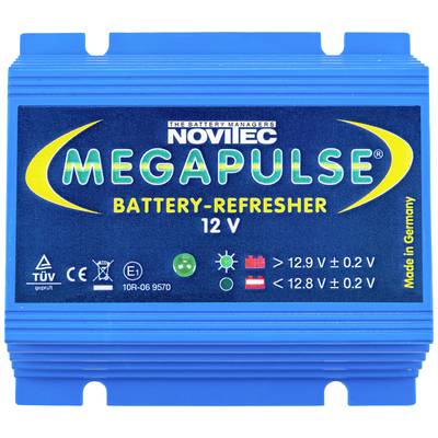 Blauw behuizing van een 'MEGAPULSE Battery-Refresher' voor 12V-batterijen, met certificeringen en rechts het opschrift 'Made in Germany'.
