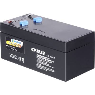 Batterij met blauwe en rode aansluiting. Opschrift: 'Conrad Energy CP1232'. Capaciteit: 12V, 3,2Ah. Rechthoekige, zwarte vorm.