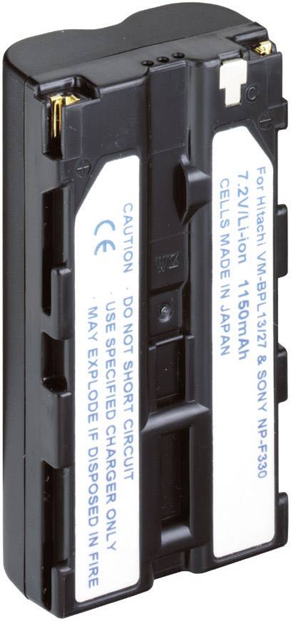 Een rechthoekige, zwarte accu voor Sony NP-F330 met 7,2V en 1150mAh. 'For Hitachi VM-BPL13/27 & SONY NP-F330' staat erop gedrukt.