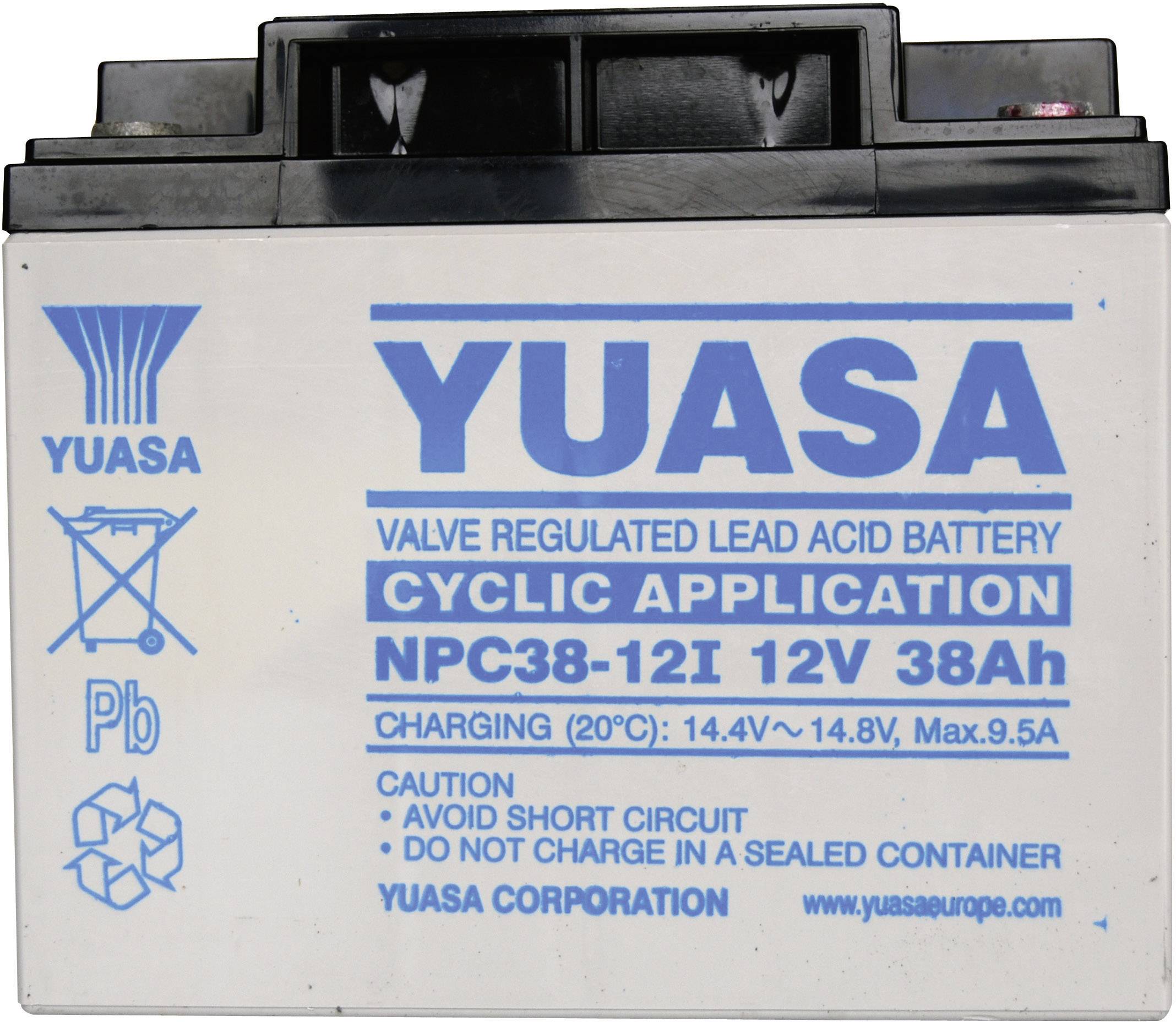 Yuasa batterij voor cyclische toepassingen, 12V 38Ah, met waarschuwingen: vermijd kortsluiting en niet laden in afgesloten containers.