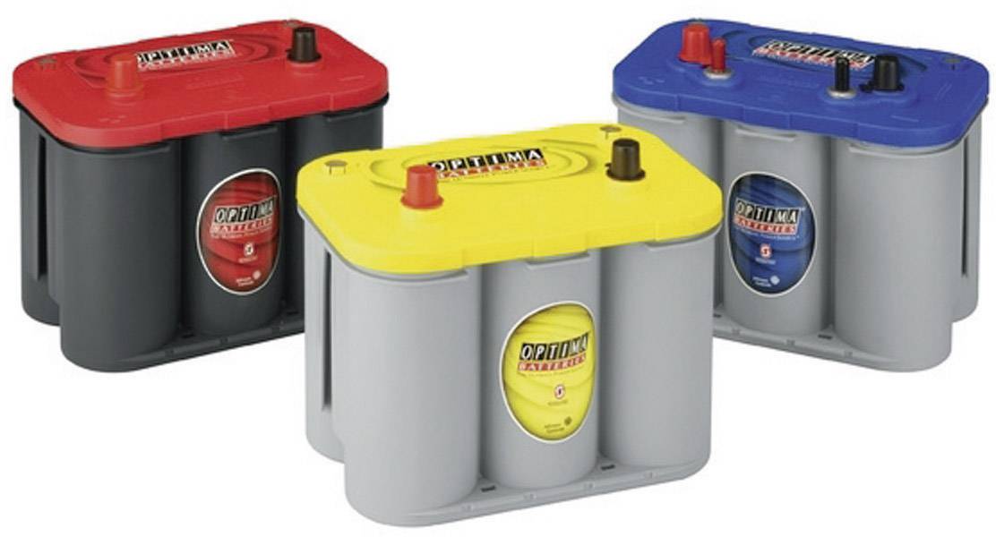 Drie autoaccu's naast elkaar: links rood, midden geel, rechts blauw. Elke accu heeft twee aansluitingen bovenaan en het logo 'Optima Batteries'.