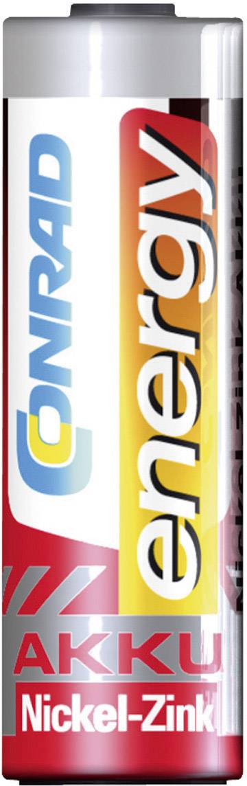 Een AA-batterij met de opdruk 'Conrad Energy Accu Nikkel-Zink', in rood-geel design.