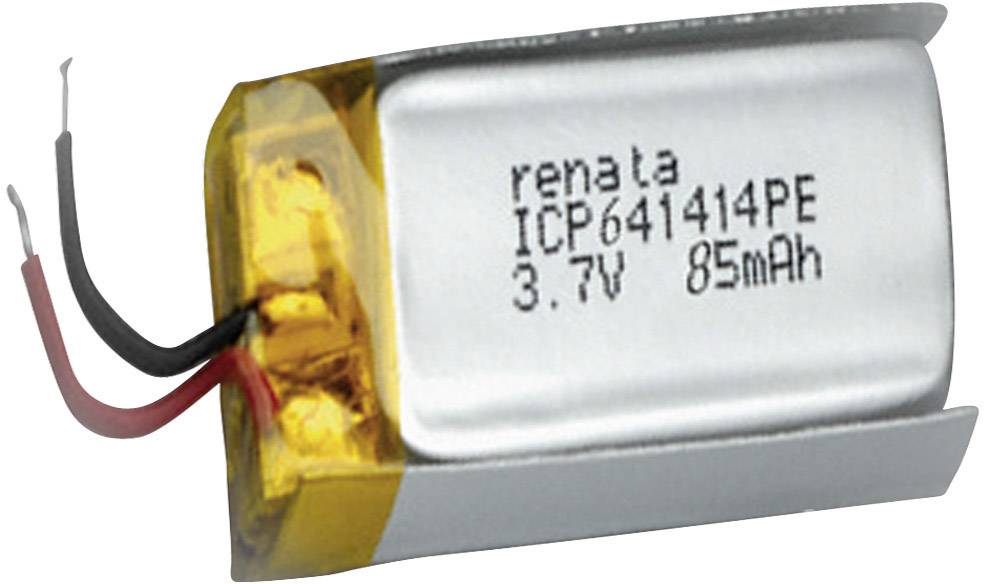 Een zilveren lithium-polymeer-accu met gele bescherming, opdruk: 'ICP641414PE, 3.7V, 85mAh', twee kabels: rood en zwart.