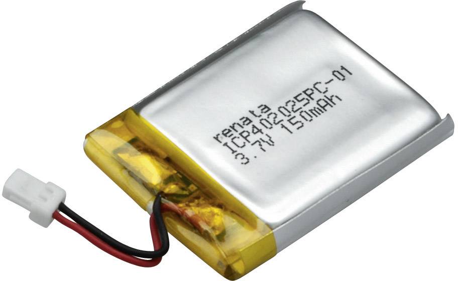 Kleine rechthoekige batterij met gele en zilveren onderdelen, met opschrift '3.7V 150mAh'; twee aangesloten kabels.