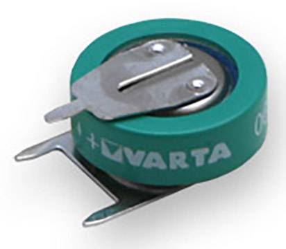 Ronde, groene batterij van VARTA met twee metalen contactpunten, die wordt gebruikt voor elektronische apparaten.