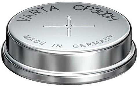 Ronde zilveren knoopcelbatterij met opschrift 'VARTA CP300H, Made in Germany', toont fabrikant en model.
