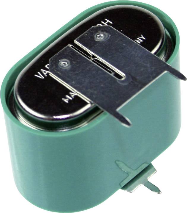 Groene elektrische knoopcelbatterij met twee uitstekende metalen contactpunten, geschikt voor elektronische apparaten of batterijvervanging.