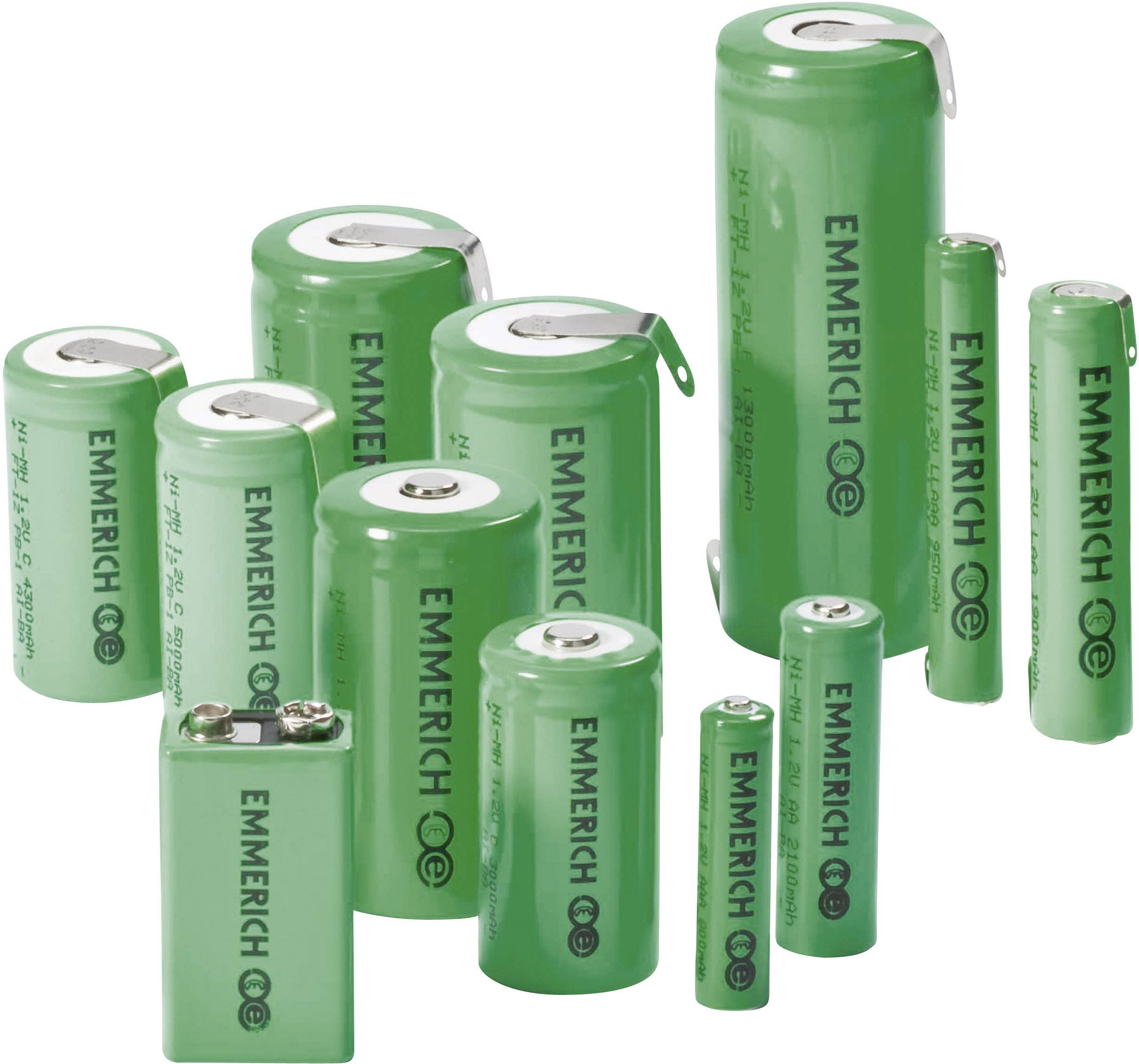 Verschillende groene batterijen van verschillende formaten met het opschrift 'EMMERICH'.