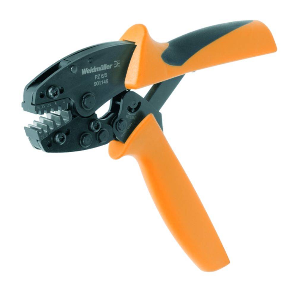 Een oranje krimptang met zwart handvat, gebruikt voor het verbinden van elektrische geleiders door middel van het persen van kabelschoenen.