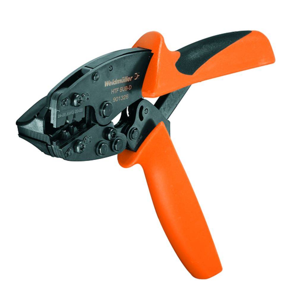 Kabelkrimptang met oranje-zwarte handgrepen, ontworpen voor elektrische verbindingen. Gereedschap voor het veilig crimpen van connectoren.