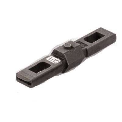 Een metalen gereedschap met rechthoekige openingen aan beide uiteinden en een zeskante middensectie, vermoedelijk bedoeld voor speciale schroefwerkzaamheden.